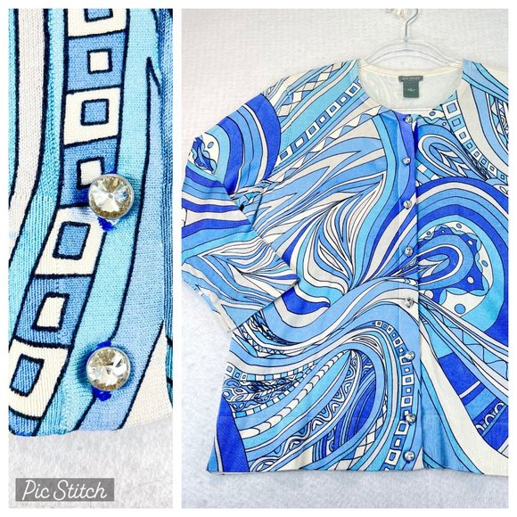 ANN TAYLOR Womens L Silk Blend Mod Blue Swirl Crystal Button Up Top Sweater - Picture 1 of 11